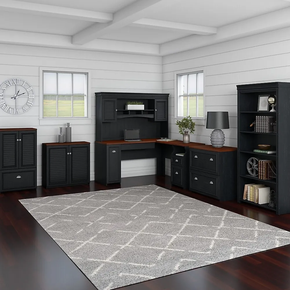 Office Desks*Bush Furniture Fairview 60"W L Shaped Desk with Drawers and Storage Cabinet, (WC53930-03K) Antique Black/Hansen Cherry