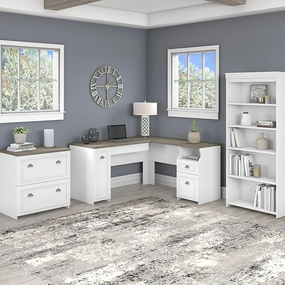L-Desks*Bush Furniture Fairview 60"W L Shaped Desk with Lateral File Cabinet and 5 Shelf Bookcase, (FV008G2W) Shiplap Gray/Pure White