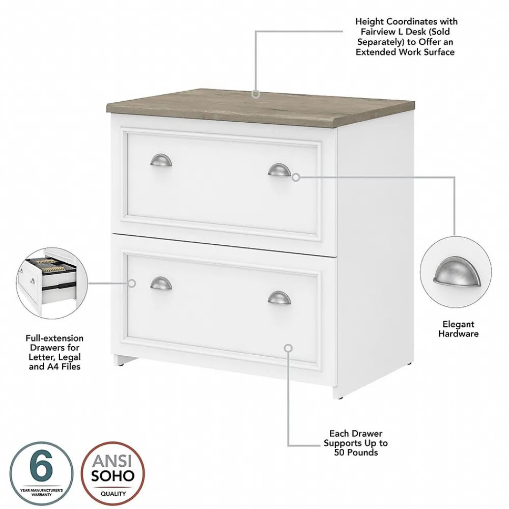 L-Desks*Bush Furniture Fairview 60"W L Shaped Desk with Lateral File Cabinet and 5 Shelf Bookcase, (FV008G2W) Shiplap Gray/Pure White