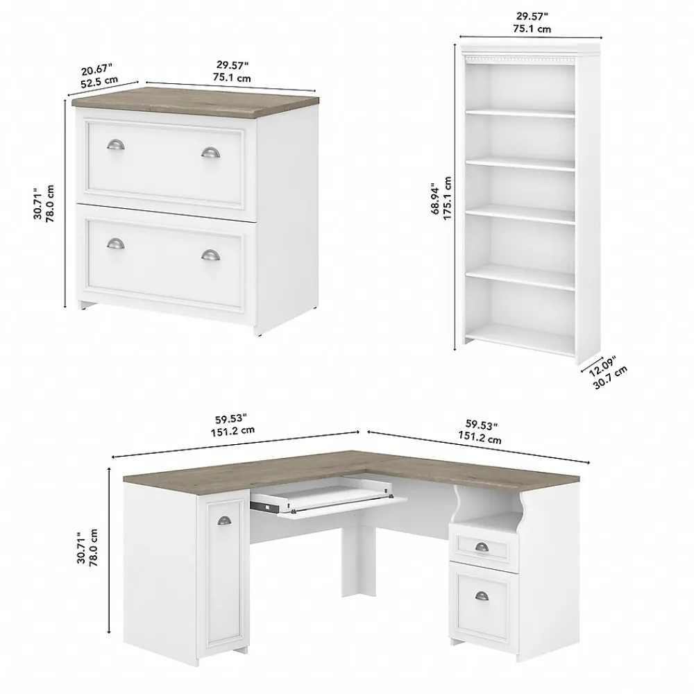 L-Desks*Bush Furniture Fairview 60"W L Shaped Desk with Lateral File Cabinet and 5 Shelf Bookcase, (FV008G2W) Shiplap Gray/Pure White