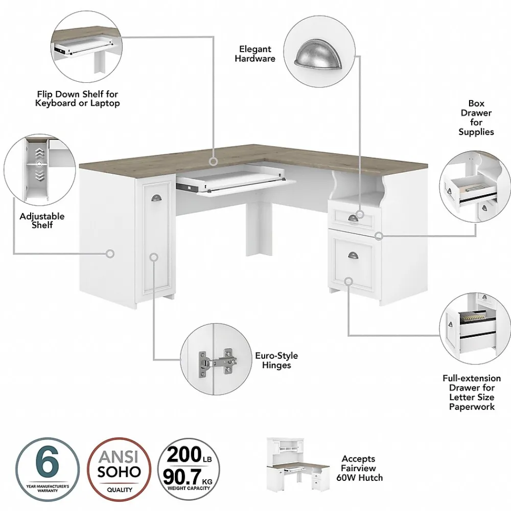 L-Desks*Bush Furniture Fairview 60"W L Shaped Desk with Hutch, Bookcase, Storage and File Cabinets, (FV014G2W) Shiplap Gray/Pure White