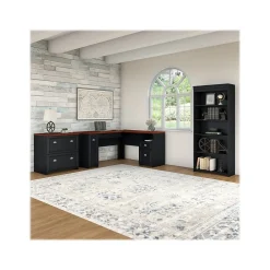 L-Desks*Bush Furniture Fairview 60"W L Shaped Desk with Lateral File Cabinet and 5 Shelf Bookcase, Antique Black (FV008AB) Antique Black/Hansen Cherry