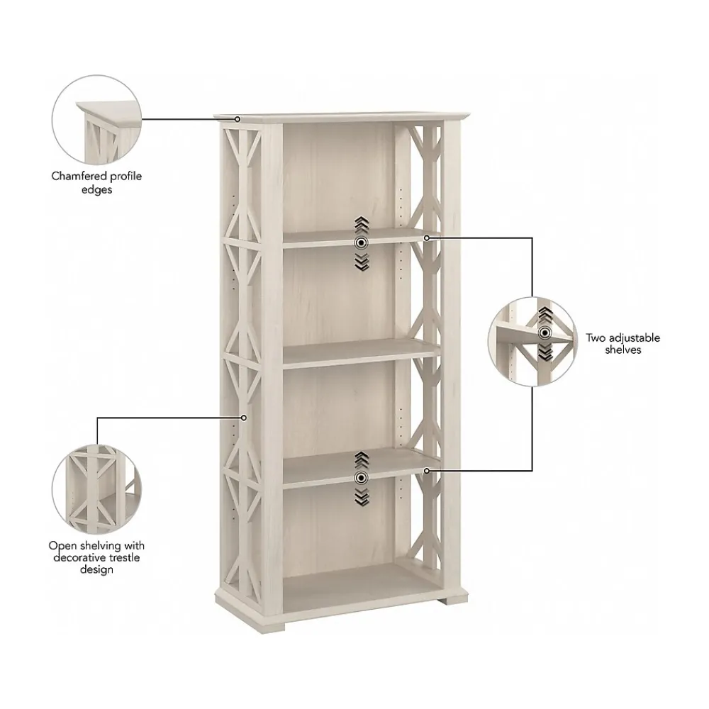 Bookcases*Bush Furniture Homestead 66.3"H 4-Shelf Bookcase with Adjustable Shelves, Linen White Oak Laminated Wood (HOB166LW-03)