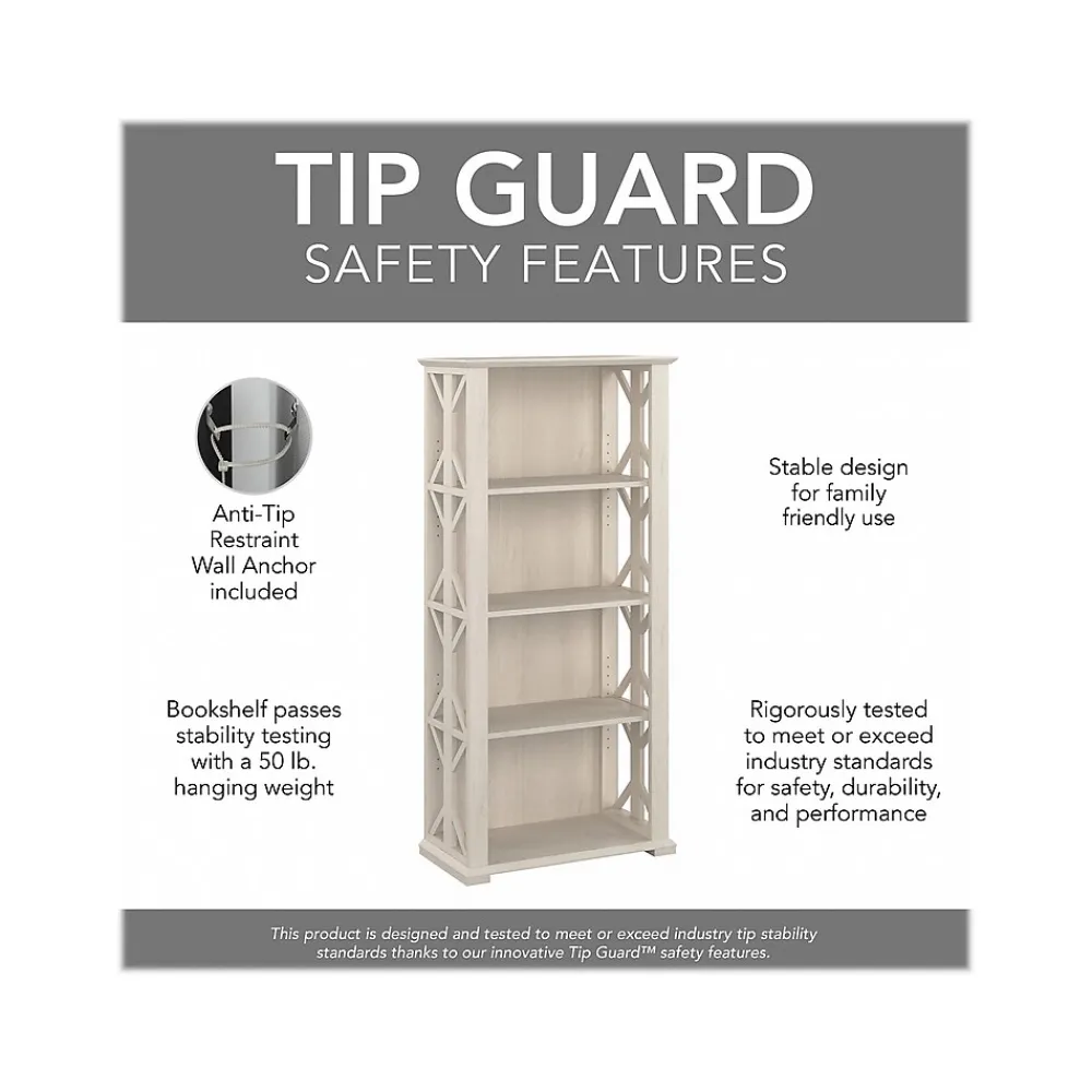 Bookcases*Bush Furniture Homestead 66.3"H 4-Shelf Bookcase with Adjustable Shelves, Linen White Oak Laminated Wood (HOB166LW-03)