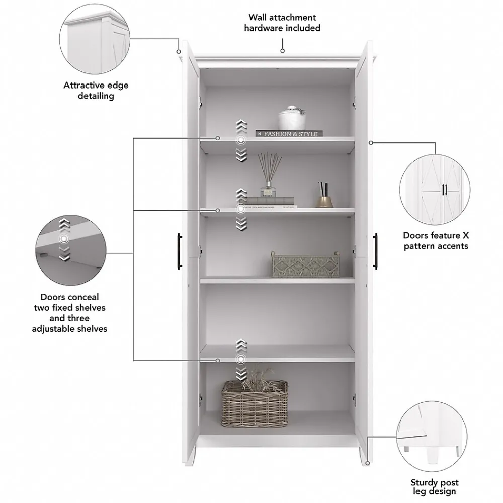 Storage Cabinets*Bush Furniture Key West 66" Tall Storage Cabinet with Doors and 5 Shelves, Pure White Oak (KWS266WT-03)