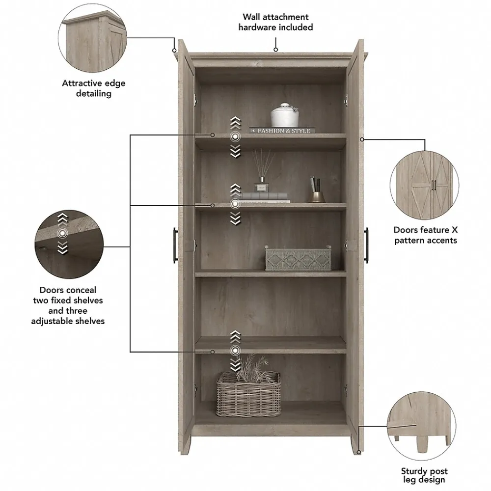 Storage Cabinets*Bush Furniture Key West 66" Tall Storage Cabinet with Doors and 5 Shelves, Washed Gray (KWS266WG-03)