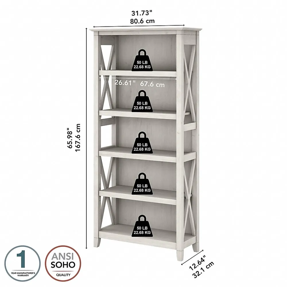 Bookcases*Bush Furniture Key West 66"H 5-Shelf Bookcase with Adjustable Shelves, Linen White Oak Laminated Wood (KWB132LW-03)