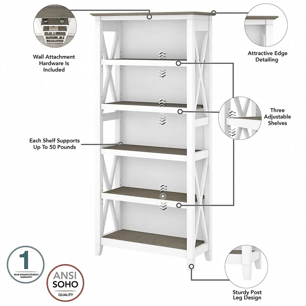 Bookcases*Bush Furniture Key West 5-Shelf 66"H Bookcase, Shiplap Gray/Pure White (KWB132G2W-03)