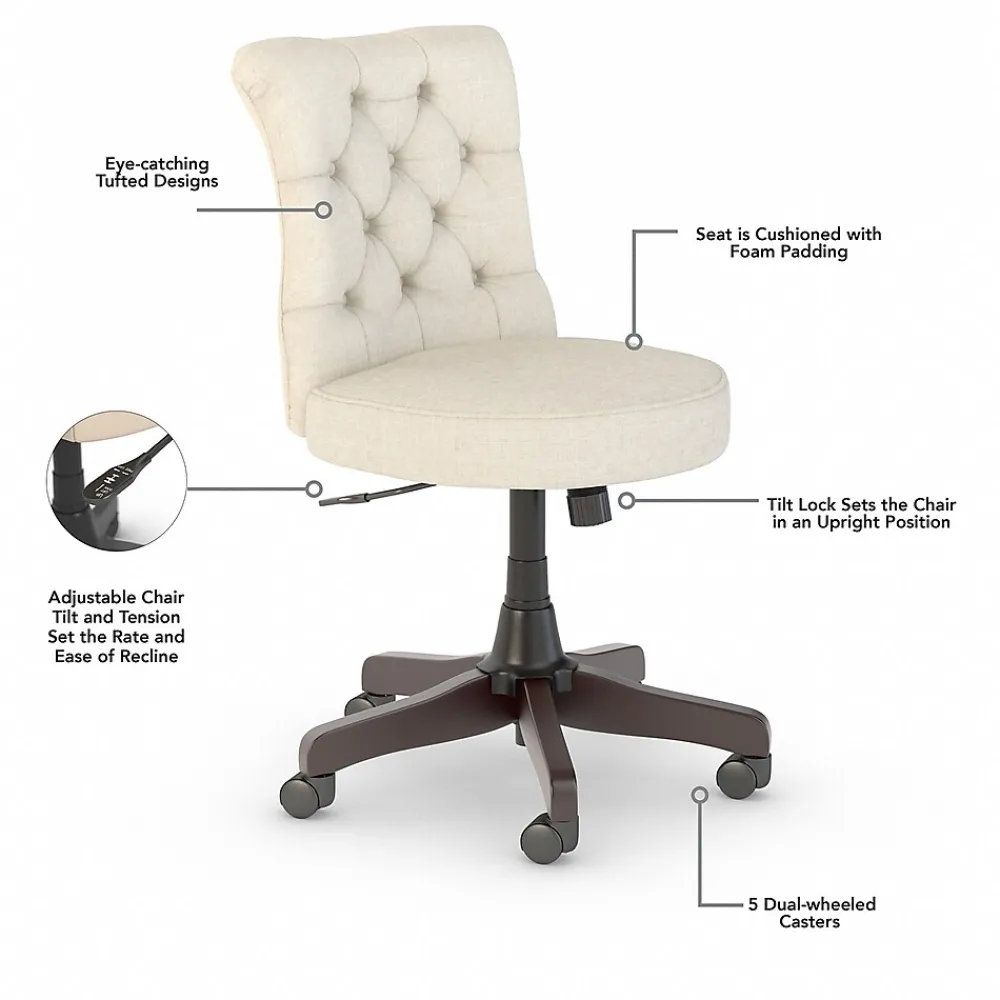 L-Desks*Bush Furniture Key West 60"W L Shaped Desk with Mid Back Tufted Office Chair, Linen White Oak (KWS045LW)