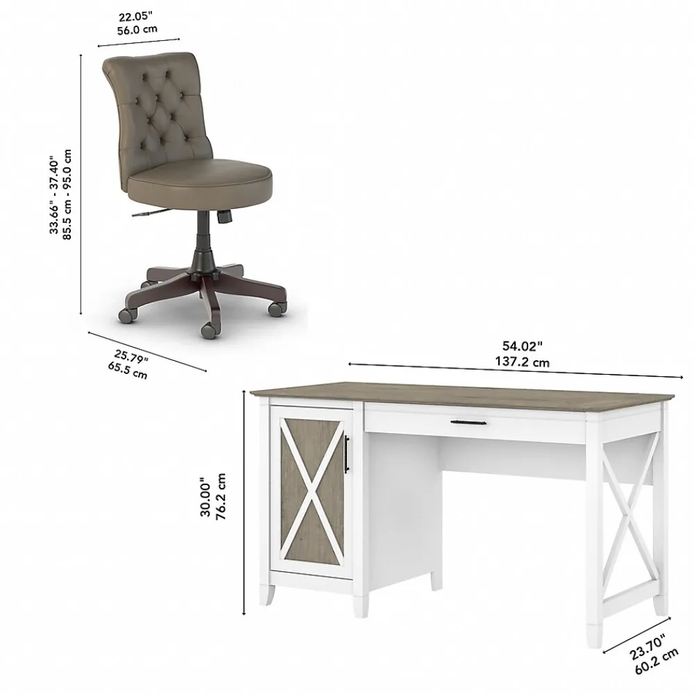 Office Desks*Bush Furniture Key West 54"W Computer Desk with Storage and Mid-Back Tufted Office Chair, Shiplap Gray/Pure White (KWS020G2W)