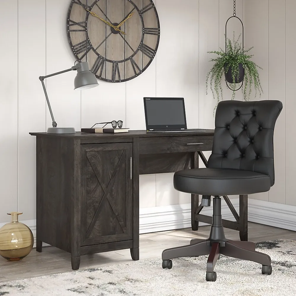 Computer Desks*Bush Furniture Key West 54"W Computer Desk with Storage and Mid-Back Tufted Office Chair, Dark Gray Hickory (KWS020GH)