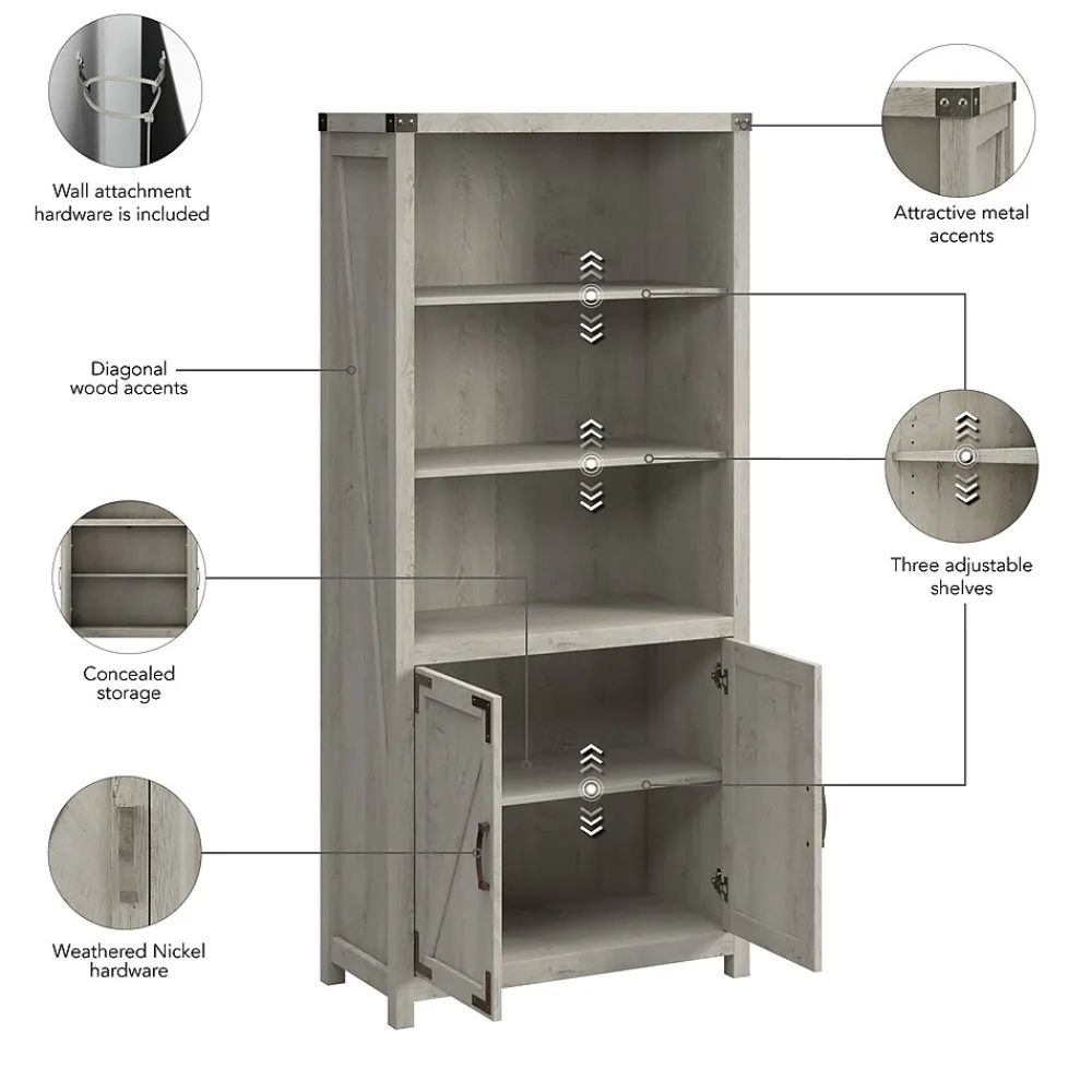 Bookcases*Bush Furniture Knoxville 72"H 5-Shelf Bookcase with Doors, Cottage White (CGB132CWH-03)