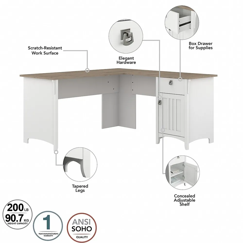 L-Desks*Bush Furniture Salinas 60" L-Shaped Desk with Hutch, File Cabinet and 5-Shelf Bookcase, (SAL007G2W) Shiplap Gray/Pure White