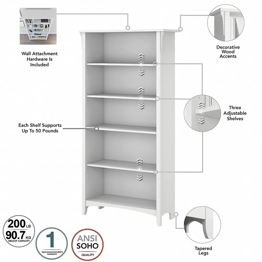 L-Desks*Bush Furniture Salinas 60" L-Shaped Desk with Hutch, File Cabinet and 5-Shelf Bookcase, (SAL007G2W) Shiplap Gray/Pure White