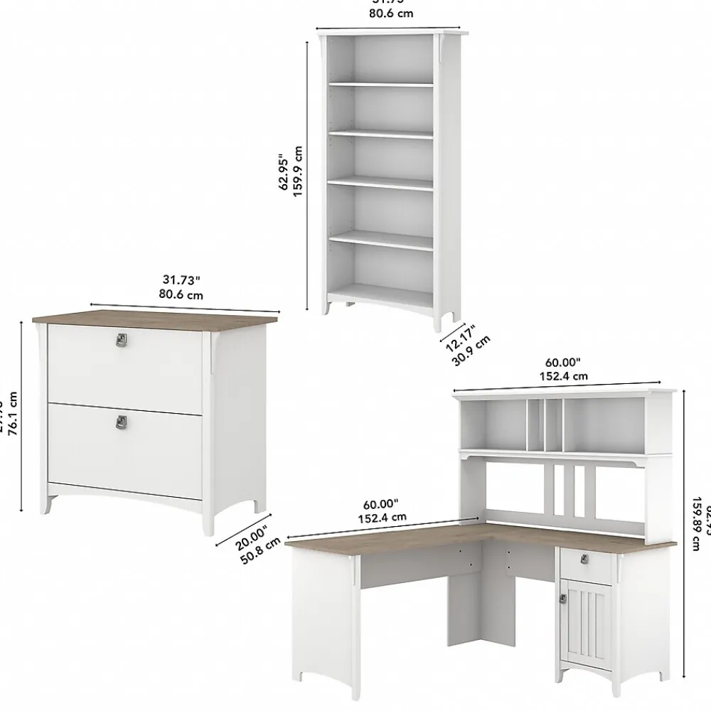 L-Desks*Bush Furniture Salinas 60" L-Shaped Desk with Hutch, File Cabinet and 5-Shelf Bookcase, (SAL007G2W) Shiplap Gray/Pure White