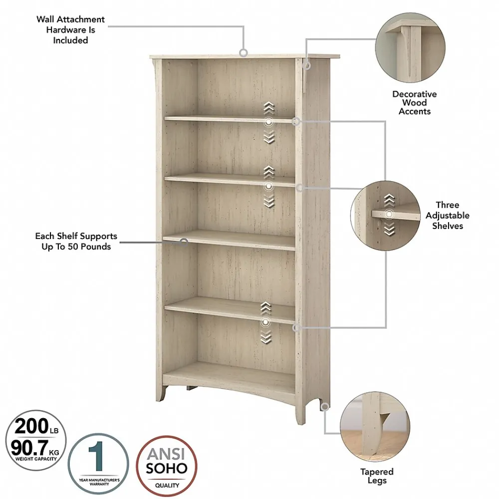 Bookcases*Bush Furniture Salinas 63"H 5-Shelf Tall Bookcase, , 2/Set (SAL036AW) Antique White