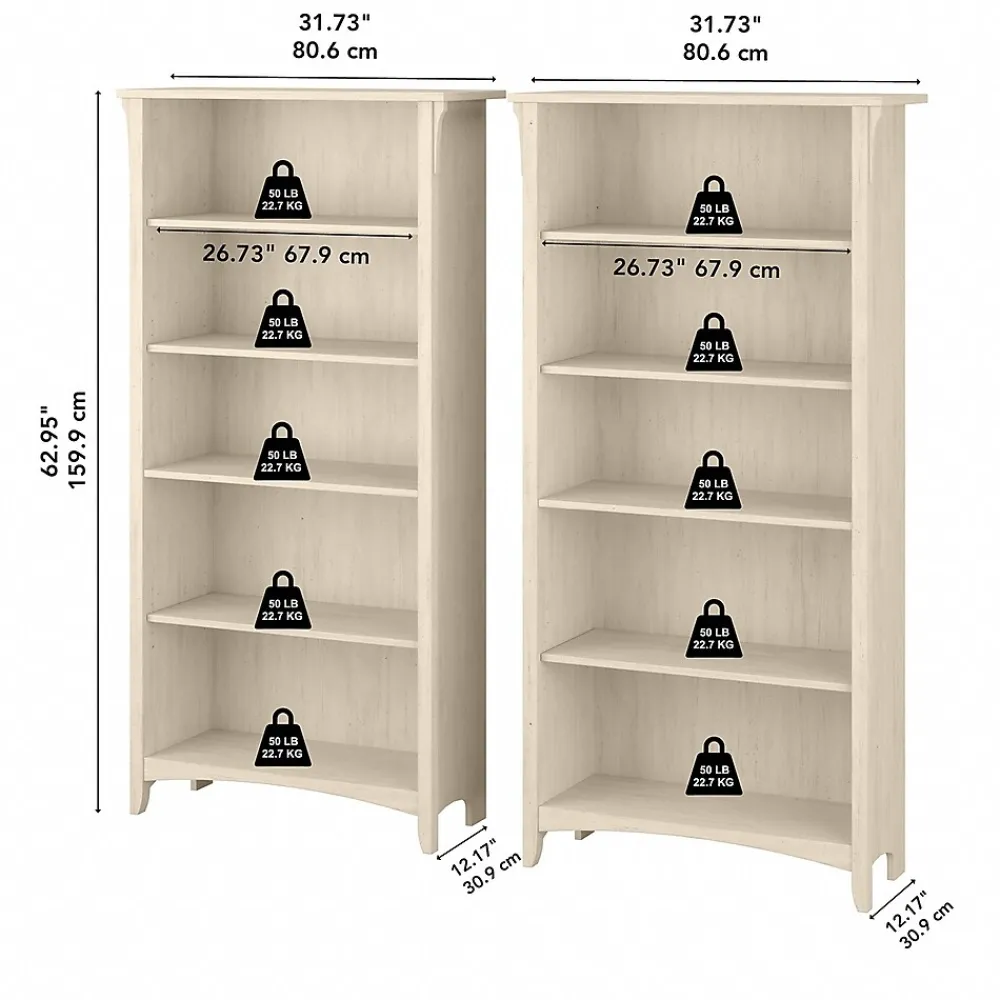 Bookcases*Bush Furniture Salinas 63"H 5-Shelf Tall Bookcase, , 2/Set (SAL036AW) Antique White
