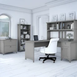 L-Desks*Bush Furniture Salinas 60"W L Shaped Desk with Hutch, Lateral File Cabinet and 5 Shelf Bookcase, (SAL007CG) Cape Cod Gray