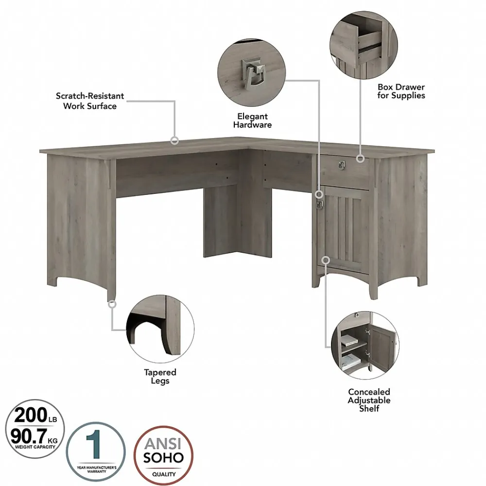 L-Desks*Bush Furniture Salinas 60"W L Shaped Desk with Hutch, Lateral File Cabinet and 5 Shelf Bookcase, (SAL007DG) Driftwood Gray