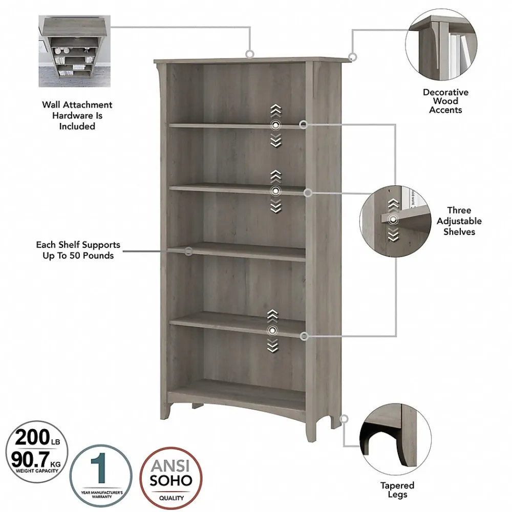 L-Desks*Bush Furniture Salinas 60"W L Shaped Desk with Hutch, Lateral File Cabinet and 5 Shelf Bookcase, (SAL007DG) Driftwood Gray
