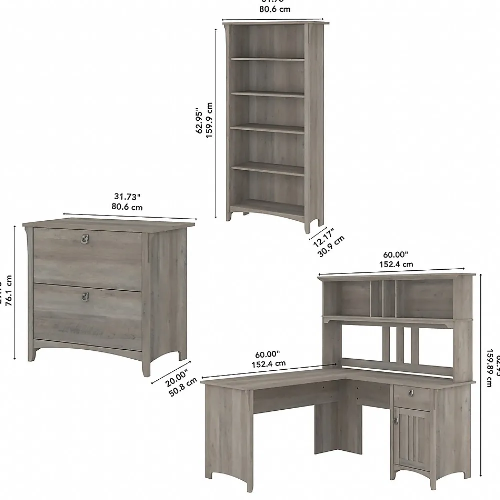 L-Desks*Bush Furniture Salinas 60"W L Shaped Desk with Hutch, Lateral File Cabinet and 5 Shelf Bookcase, (SAL007DG) Driftwood Gray