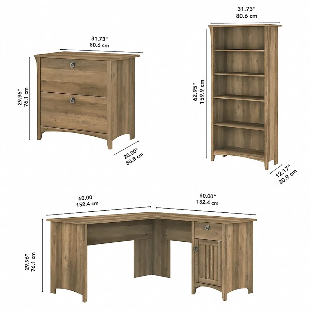 L-Desks*Bush Furniture Salinas 60"W L Shaped Desk with Lateral File Cabinet and 5 Shelf Bookcase, (SAL003RCP) Reclaimed Pine