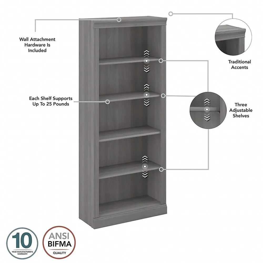 Bookcases*Bush Furniture Saratoga 72"H 5-Shelf Bookcase with Adjustable Shelves, Modern Gray Laminate (W1655C-03)