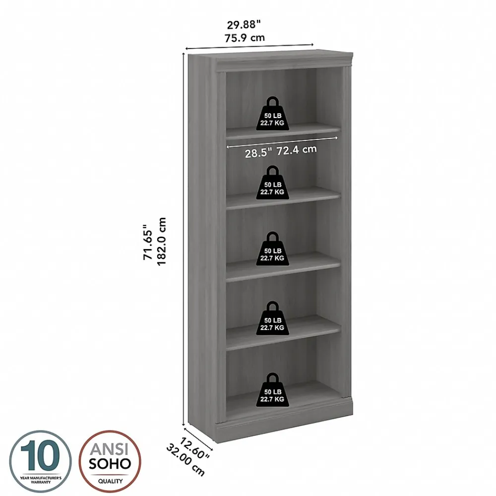 Bookcases*Bush Furniture Saratoga 72"H 5-Shelf Bookcase with Adjustable Shelves, Modern Gray Laminate (W1655C-03)