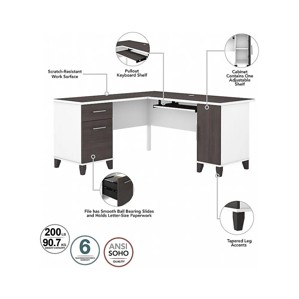 L-Desks*Bush Furniture Somerset 60" L-Shaped Desk with Hutch, (SET002SGWH) Storm Gray/White