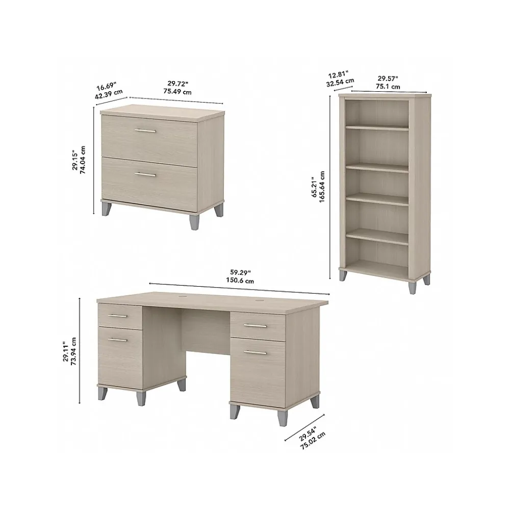 Office Desks*Bush Furniture Somerset 60" Computer Desk with Lateral File Cabinet and 5-Shelf Bookcase, (SET013SO) Sand Oak