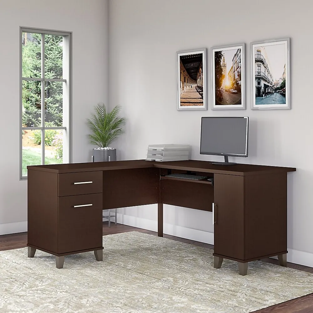 Office Desks*Bush Furniture Somerset 60"W L Shaped Desk with Storage, (WC81830K) Mocha Cherry