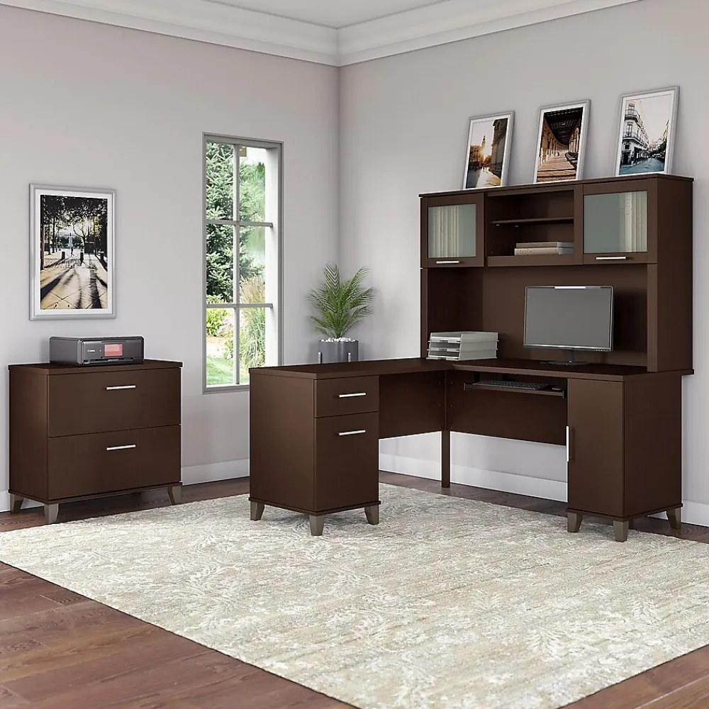 Office Desks*Bush Furniture Somerset 60"W L Shaped Desk with Storage, (WC81830K) Mocha Cherry