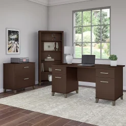Office Desks*Bush Furniture Somerset 60"W Office Desk with Lateral File Cabinet and 5 Shelf Bookcase, (SET013MR) Mocha Cherry