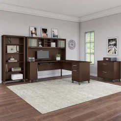 L-Desks*Bush Furniture Somerset 72"W L Shaped Desk with Hutch, Lateral File Cabinet and Bookcase, (SET012MR) Mocha Cherry
