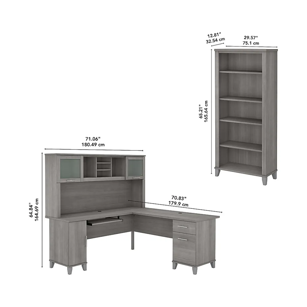 L-Desks*Bush Furniture Somerset 72"W L Shaped Desk with Hutch and 5 Shelf Bookcase, (SET011PG) Platinum Gray