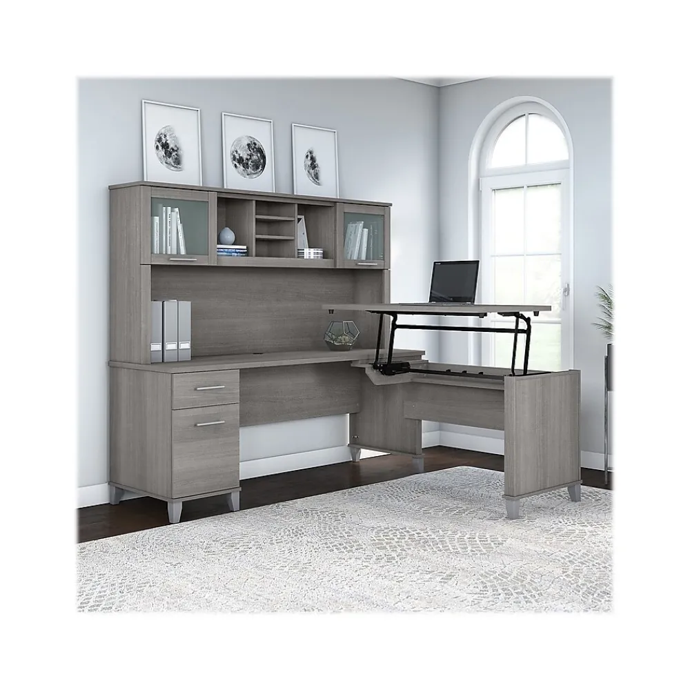 L-Desks*Bush Furniture Somerset 72"W 3 Position Sit to Stand L Shaped Desk with Hutch, (SET015PG) Platinum Gray