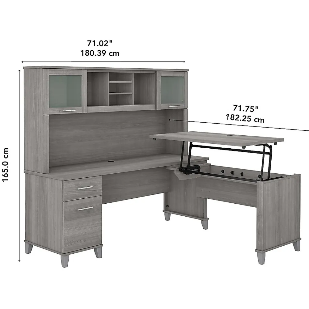 L-Desks*Bush Furniture Somerset 72"W 3 Position Sit to Stand L Shaped Desk with Hutch, (SET015PG) Platinum Gray