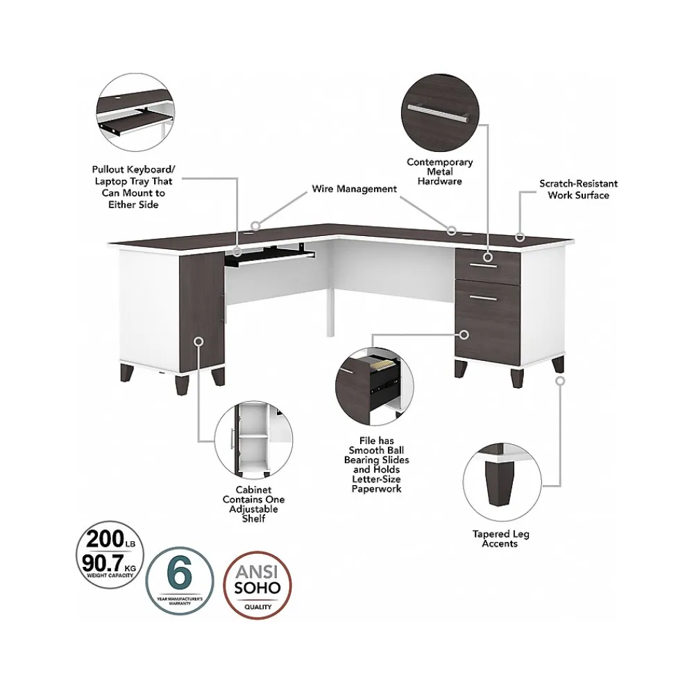 L-Desks*Bush Furniture Somerset 72"W L Shaped Desk with Hutch, (SET001SGWH) Storm Gray/White