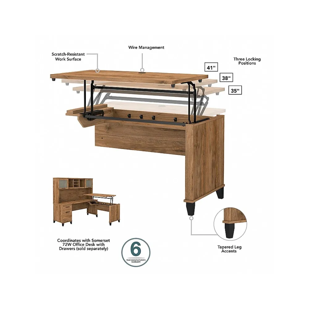 L-Desks*Bush Furniture Somerset 72"W 3 Position Sit to Stand L Shaped Desk with Hutch and Bookcase, (SET017FW) Fresh Walnut