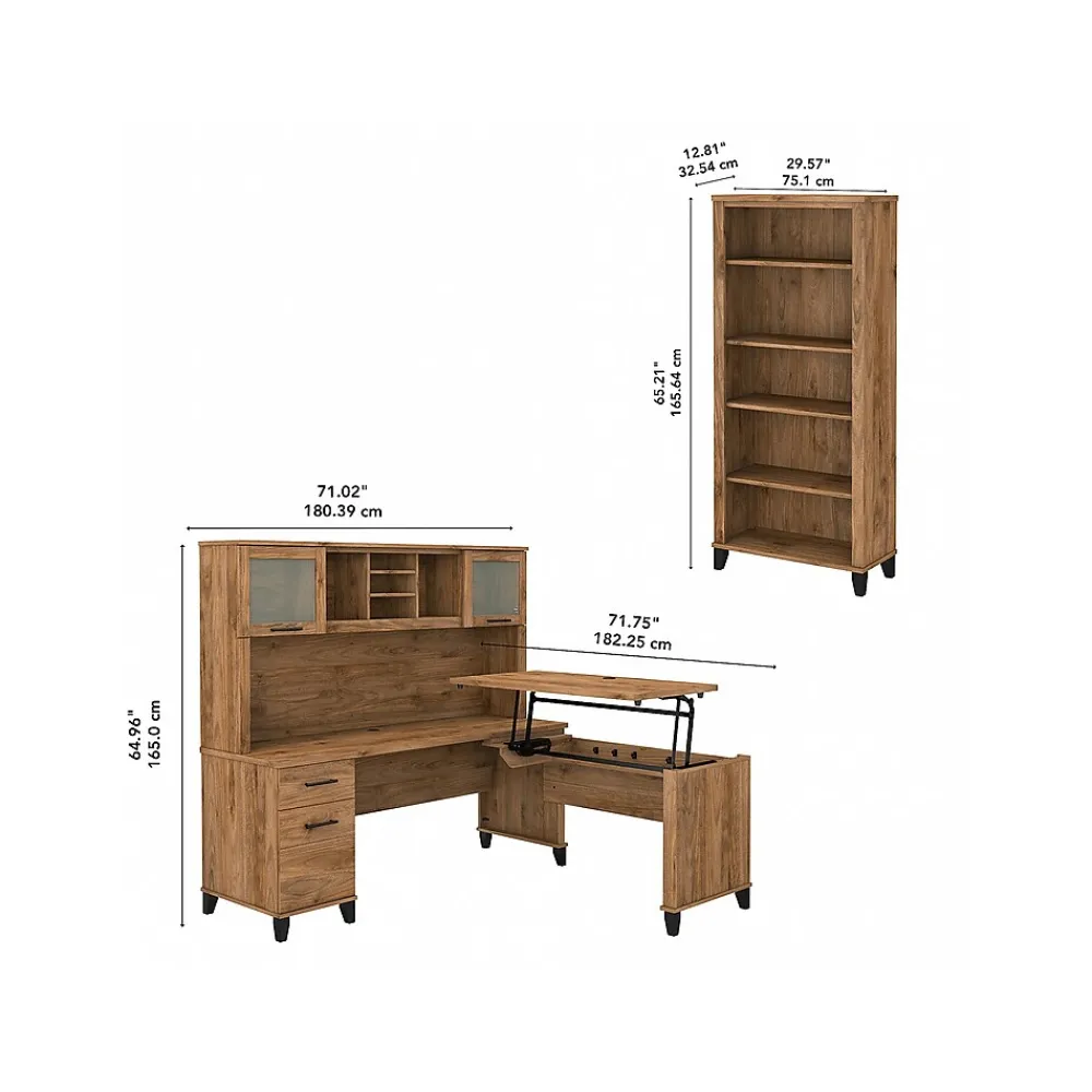 L-Desks*Bush Furniture Somerset 72"W 3 Position Sit to Stand L Shaped Desk with Hutch and Bookcase, (SET017FW) Fresh Walnut
