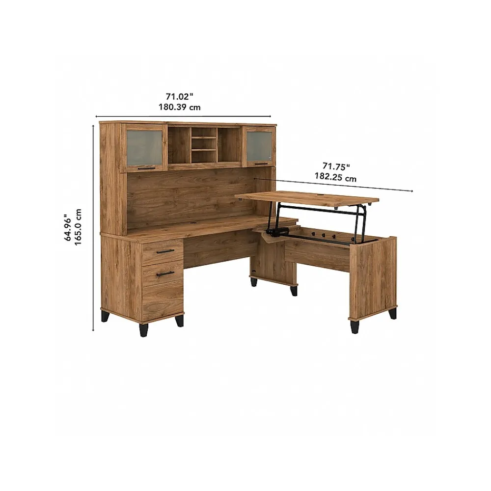 L-Desks*Bush Furniture Somerset 72"W 3 Position Sit to Stand L Shaped Desk with Hutch, (SET015FW) Fresh Walnut