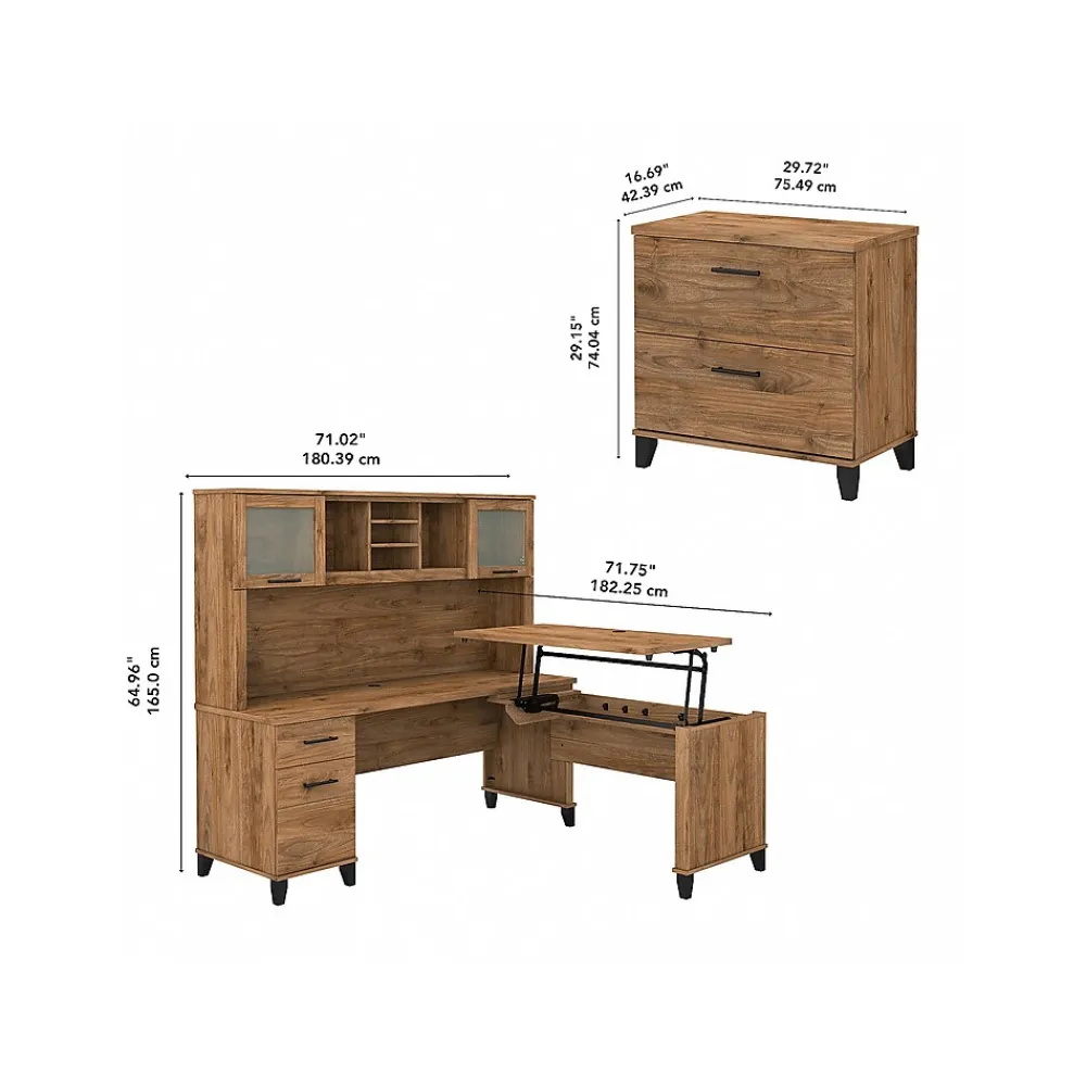 L-Desks*Bush Furniture Somerset 72"W 3 Position Sit to Stand L Shaped Desk with Hutch and File Cabinet, (SET016FW) Fresh Walnut