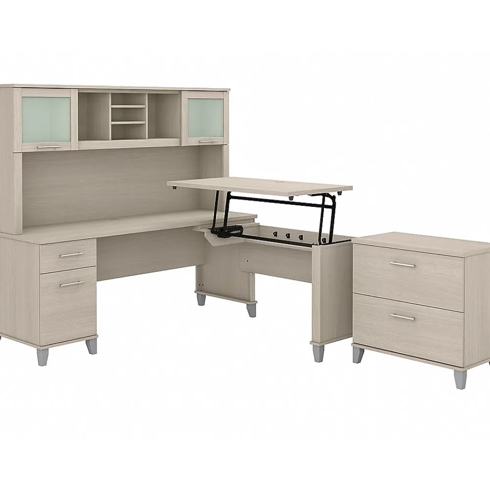 Office Desks*Bush Furniture Somerset 72"W 3 Position Sit to Stand L Shaped Desk with Hutch and File Cabinet, (SET016SO) Sand Oak