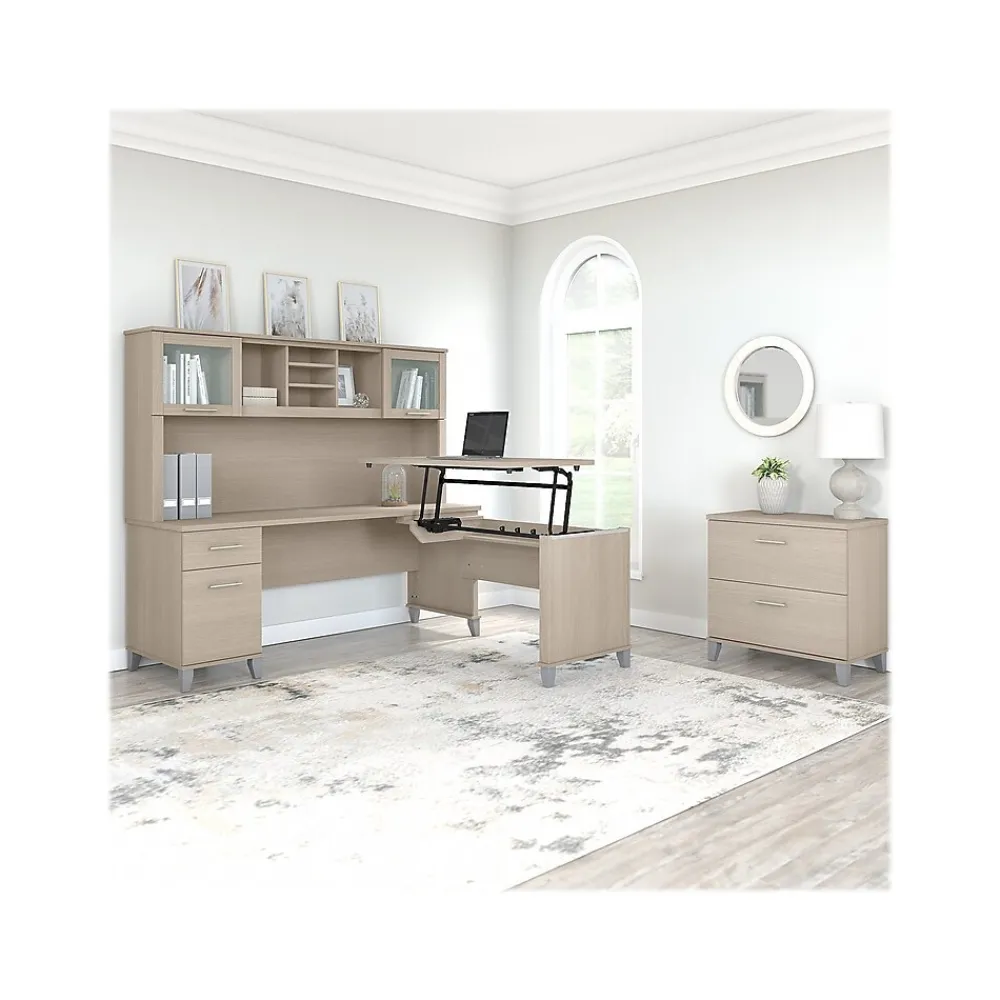 Office Desks*Bush Furniture Somerset 72"W 3 Position Sit to Stand L Shaped Desk with Hutch and File Cabinet, (SET016SO) Sand Oak