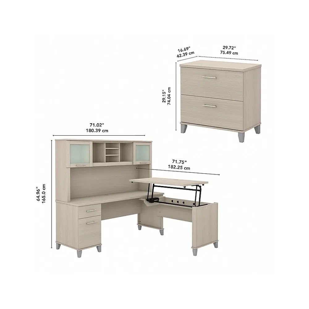 Office Desks*Bush Furniture Somerset 72"W 3 Position Sit to Stand L Shaped Desk with Hutch and File Cabinet, (SET016SO) Sand Oak