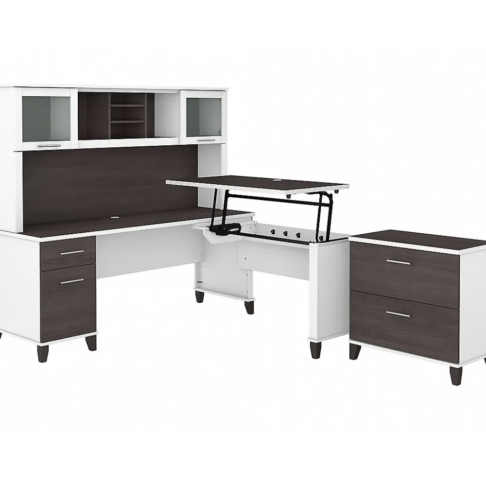 L-Desks*Bush Furniture Somerset 72"W 3 Position Sit to Stand L Shaped Desk with Hutch and File Cabinet, (SET016SGWH) Storm Gray/White
