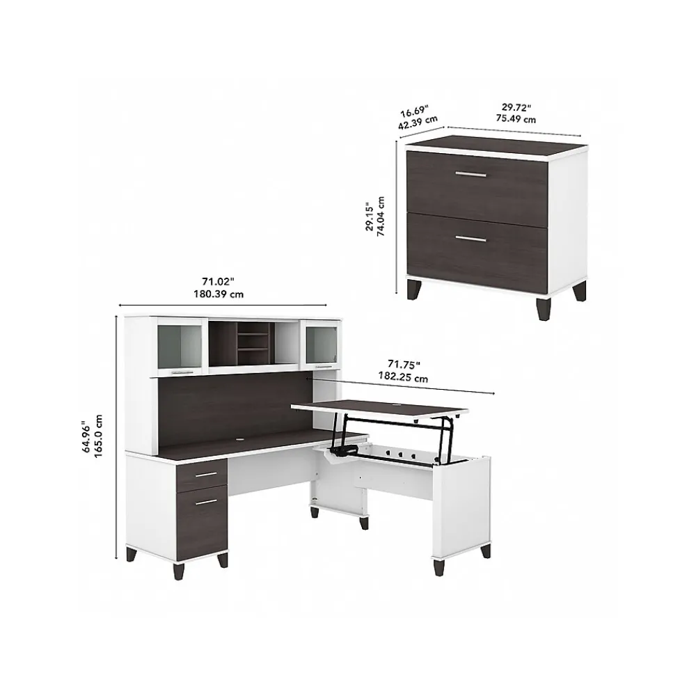 L-Desks*Bush Furniture Somerset 72"W 3 Position Sit to Stand L Shaped Desk with Hutch and File Cabinet, (SET016SGWH) Storm Gray/White