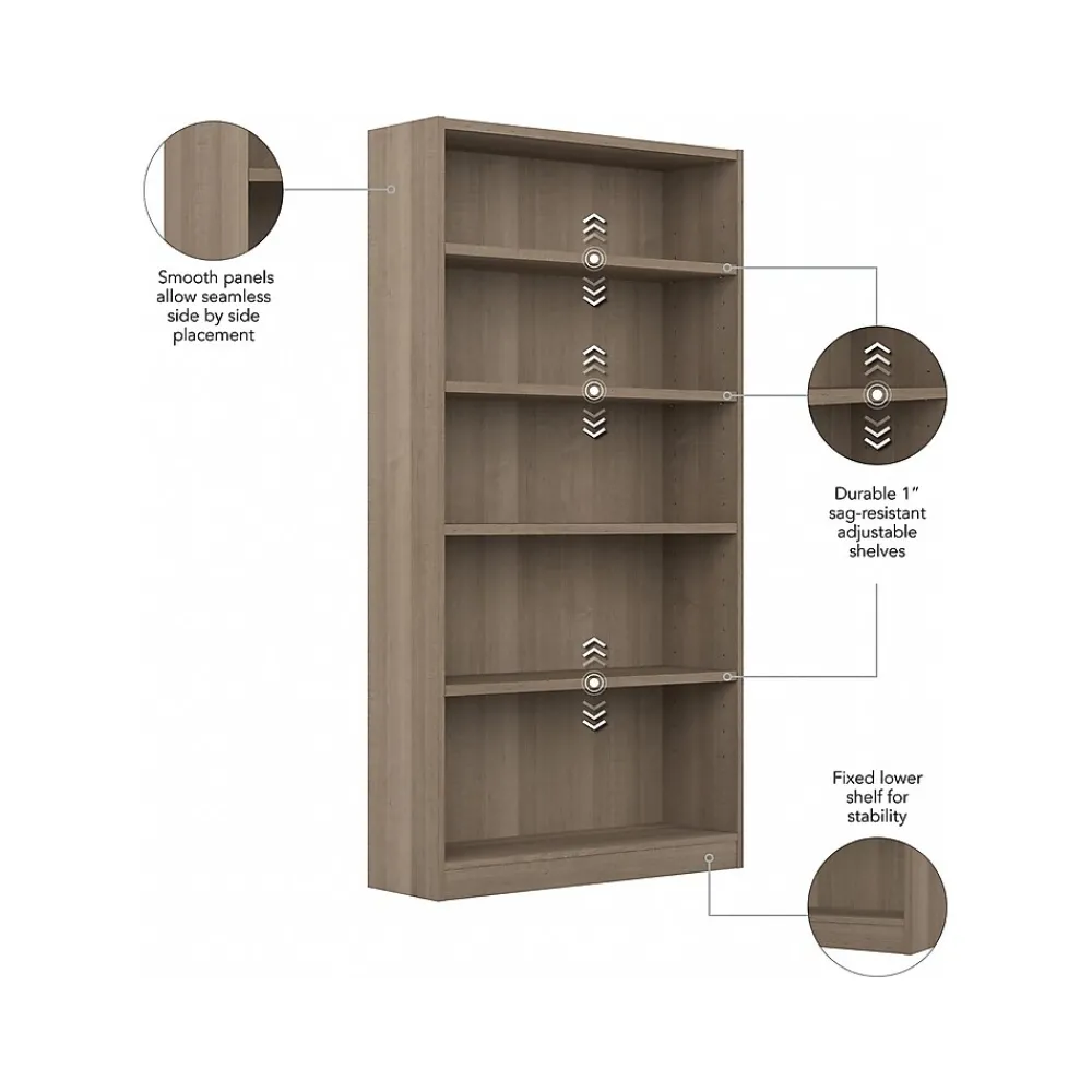Bookcases*Bush Furniture Universal 72"H 5-Shelf Bookcase with Adjustable Shelves, Ash Gray Laminated Wood (WL12427)