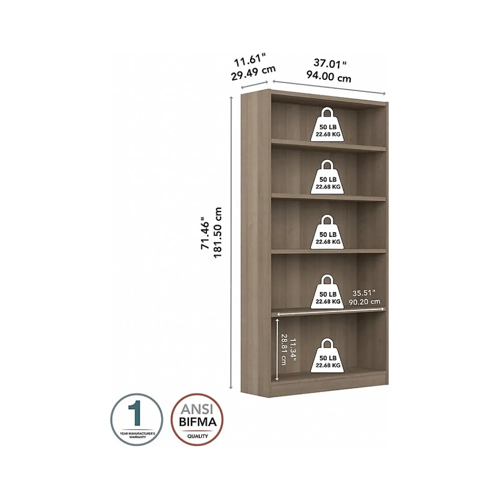 Bookcases*Bush Furniture Universal 72"H 5-Shelf Bookcase with Adjustable Shelves, Ash Gray Laminated Wood (WL12427)
