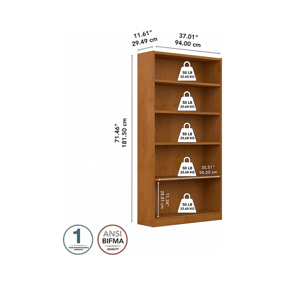 Bookcases*Bush Furniture Universal 72"H 5-Shelf Bookcase with Adjustable Shelves, Natural Cherry Laminated Wood (WL12467)